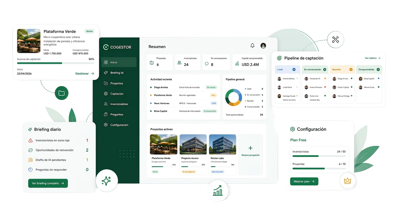 Dashboard de Co-gestor mostrando proyectos, pipeline de captación, briefing diario y configuración de plan